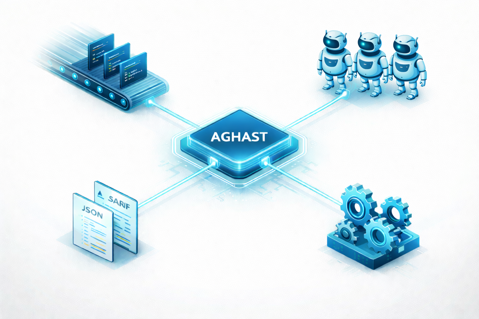 Isometric illustration showing AGHAST as a central hub connected to CI/CD pipeline, LLM providers, output formats, and configuration