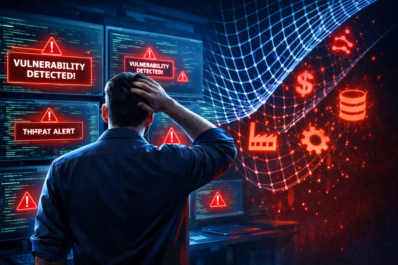 Digital art illustration of a security professional looking frustrated at generic vulnerability alerts