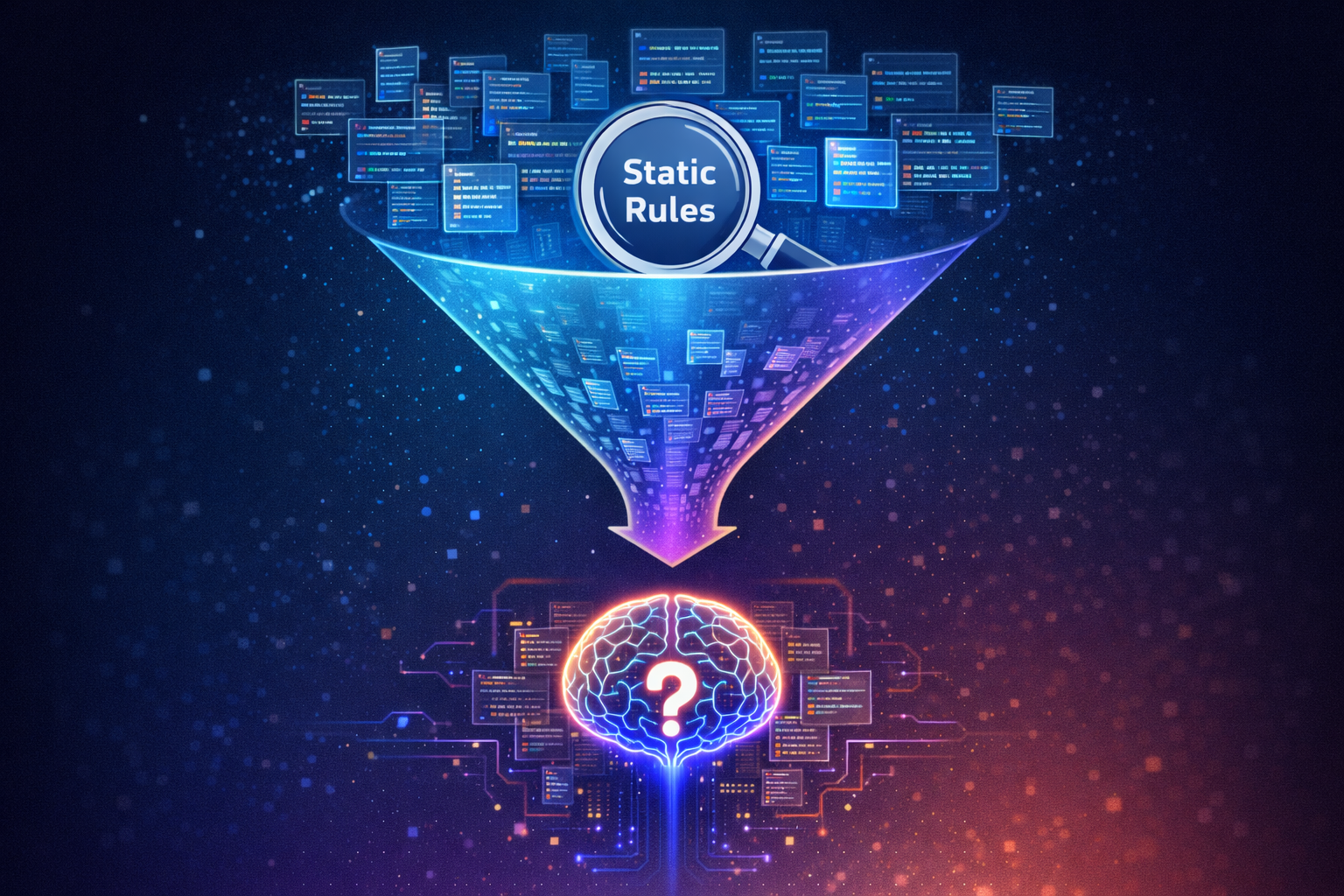 Illustration of a two-stage funnel: static rules filter code files down for AI analysis