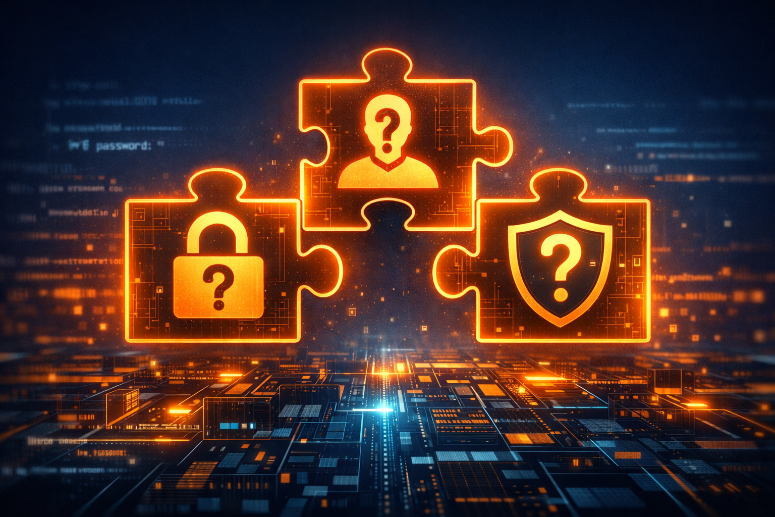 Illustration of three interconnected puzzle pieces containing security question mark symbols