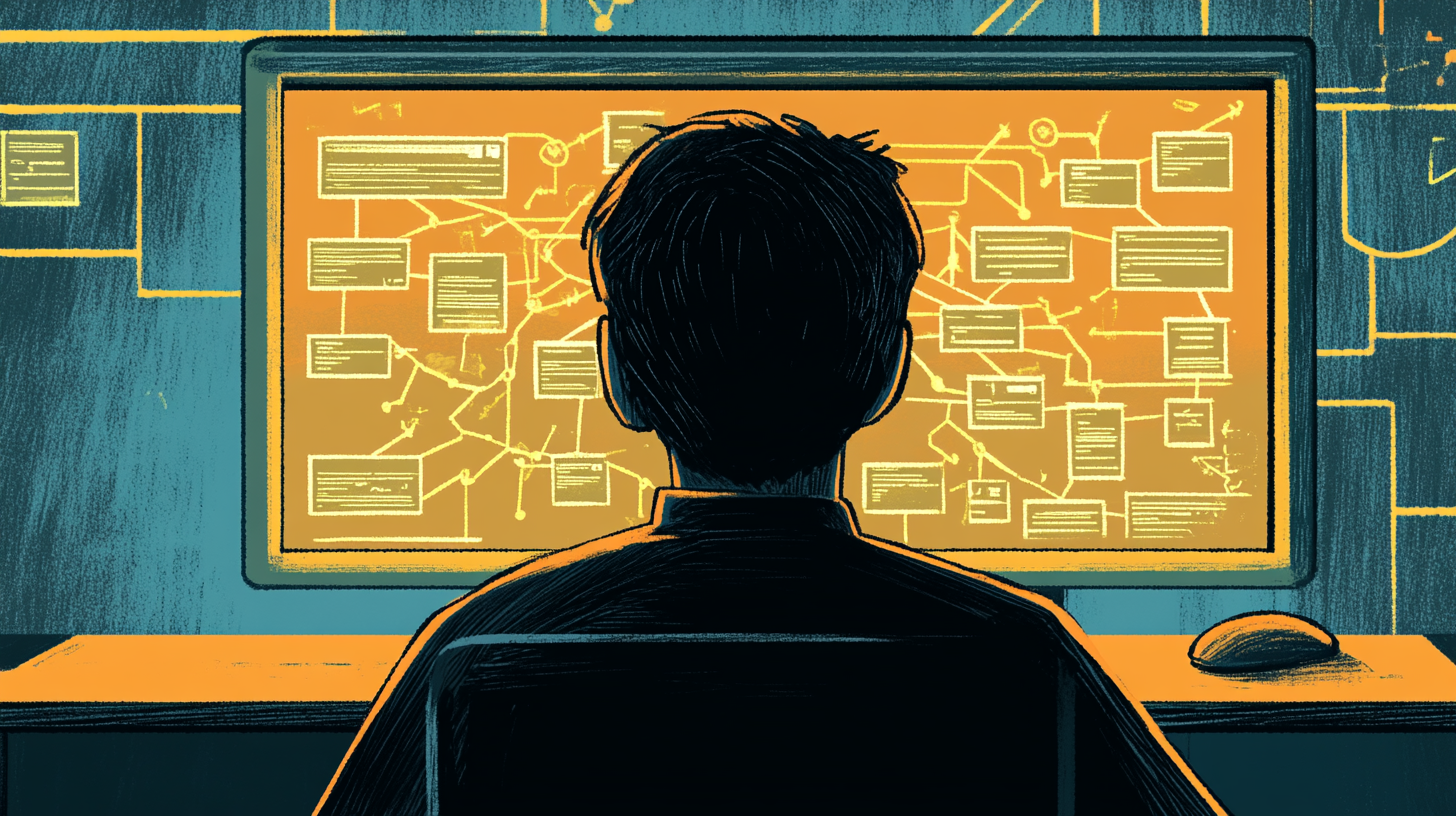 Illustration of a developer looking at a complex decision tree on a computer screen, symbolizing decision-making around tool changes.