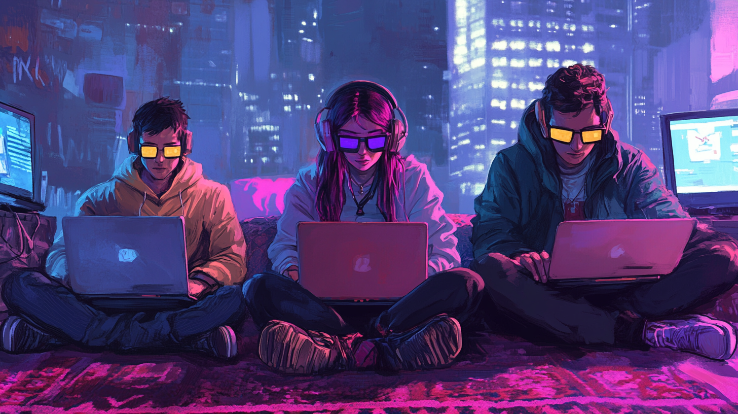 Cyberpunk style illustration of a group of male and female developers sitting on a rug whilst using laptops