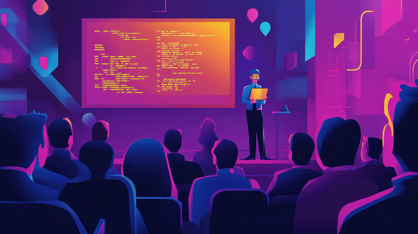 A vibrant illustration of a cybersecurity professional teaching at a conference, with a projector showing code and highlighted Semgrep patterns, surrounded by an engaged audience.