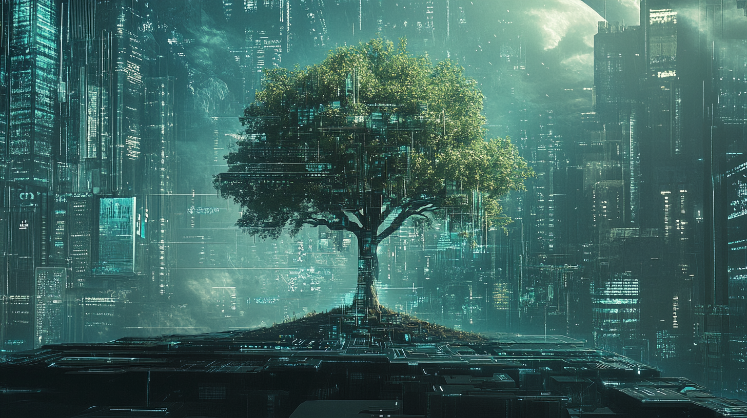 An illustration of a newly planted tree but in a technological or cyberpunk style