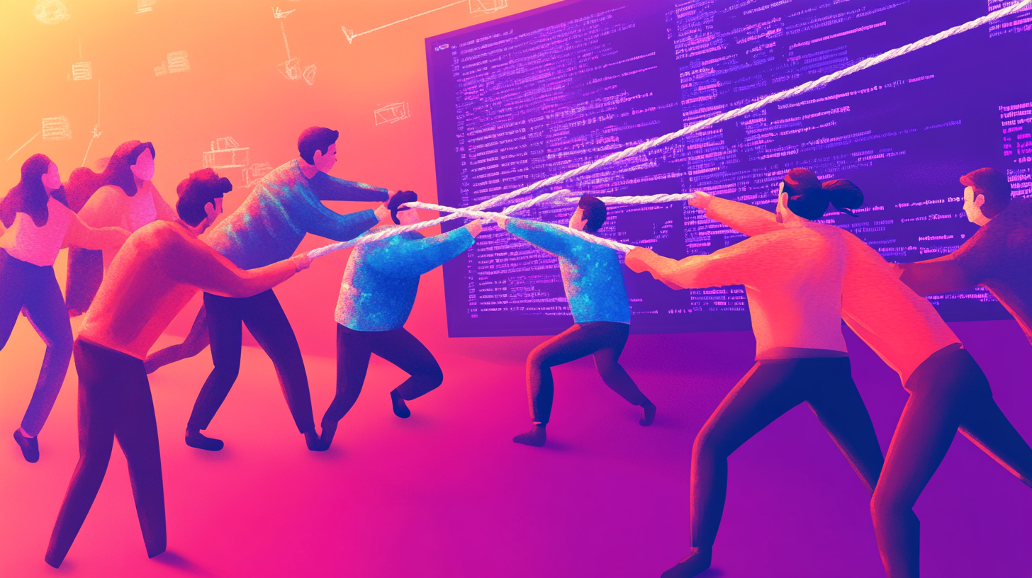 "An illustrated tug-of-war between two groups of developers over an open-source code repository, symbolizing tension in the open-source ecosystem.