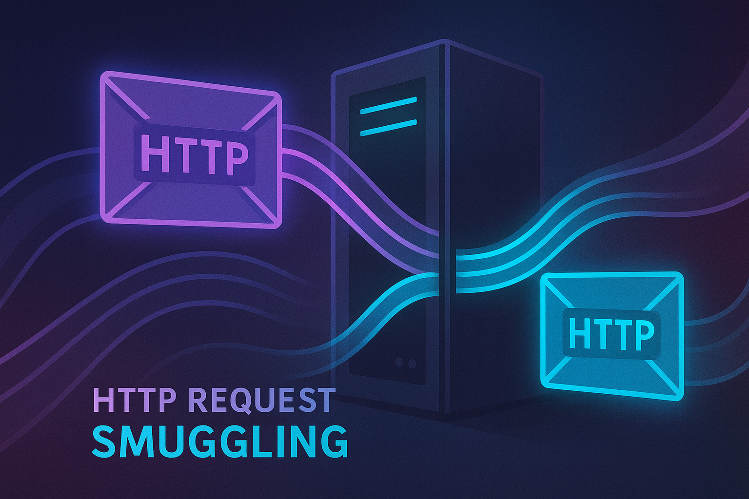 Abstract digital illustration of HTTP request smuggling concept. Show two HTTP requests (represented as stylized data packets or envelopes) being combined or overlapping in an unexpected way, passing through a server/proxy gateway. Use flowing lines to represent data flow, with one request 'smuggled' inside another. Color scheme of purple and cyan for the requests, dark gray for the server infrastructure. Modern tech illustration style with glowing effects and clean geometry.