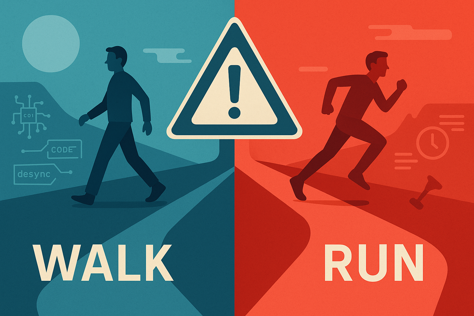 Stylized digital illustration showing two contrasting paths: one path labeled 'WALK' with a relaxed figure strolling, and another path labeled 'RUN' with a figure sprinting urgently. The paths diverge from a central point marked with a vulnerability icon. Use a split-screen composition with cool blues for the 'walk' side and urgent reds for the 'run' side. Modern vector art style with clean lines and strategic use of negative space.