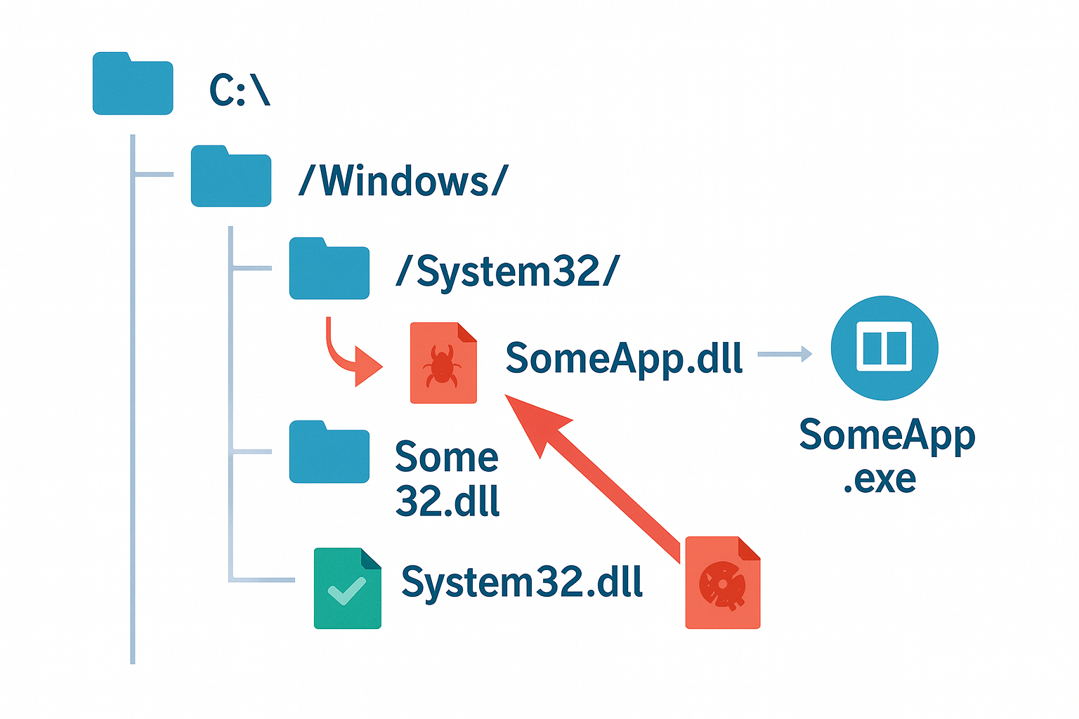 Technical illustration showing a Windows file system with DLL files in a directory tree structure. Show a malicious DLL file (in red) being placed in a folder, with an arrow showing it being loaded before the legitimate DLL file (in green). Include folder icons, file paths, and a simplified application icon attempting to load the DLL. Use a clean technical diagram style with a white background, blue system elements, and red/green color coding for malicious vs legitimate files.